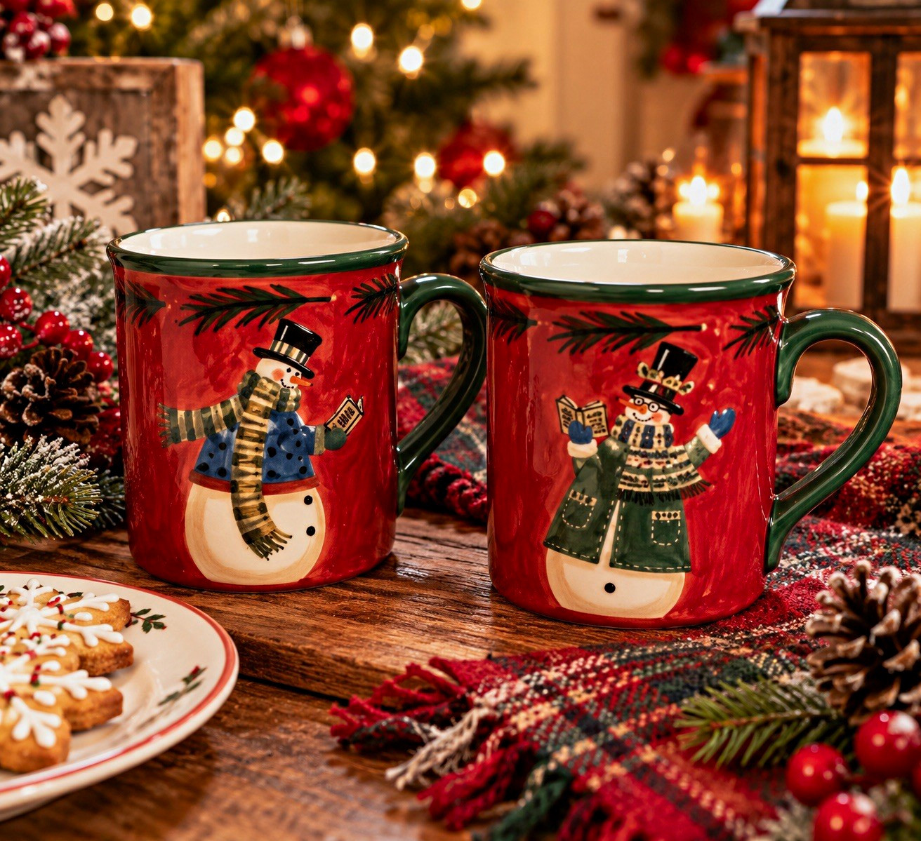 Certified International Valerie Evers Wentz Snowman Christmas Mugs Set of 2 Red