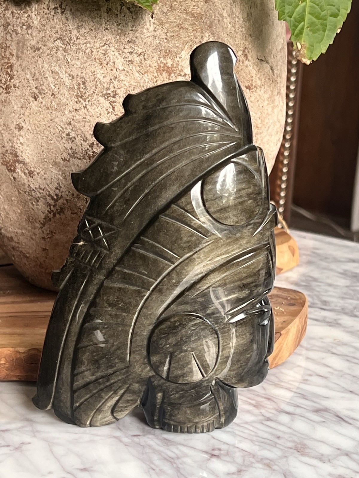 Aztec Mayan Black Gold/Green Sheen Natural Obsidian Stone Carved Figure Statue
