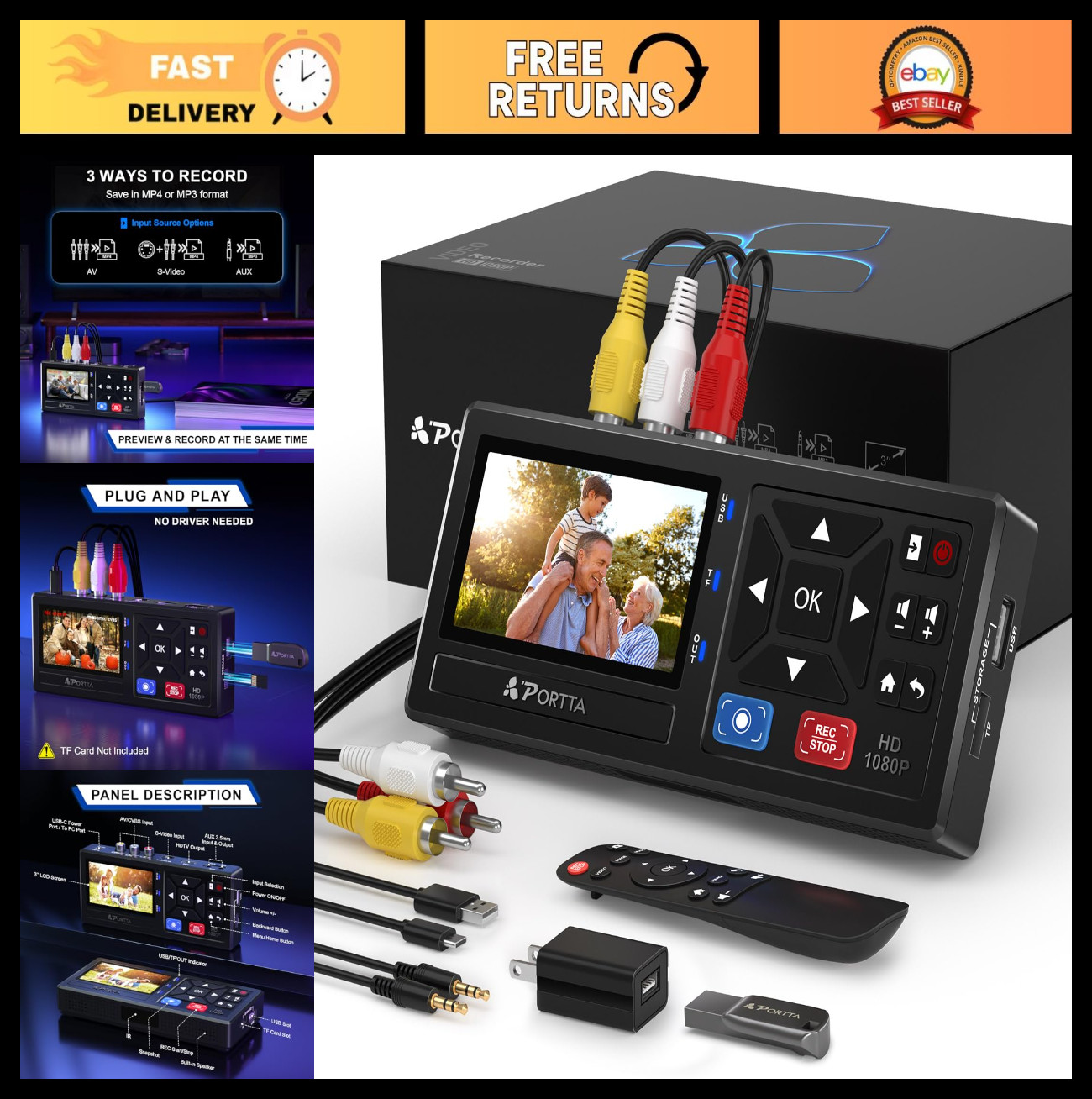 Portta VHS to Digital Converter with 128GB USB3.0 Flash Drive, Video to Digital
