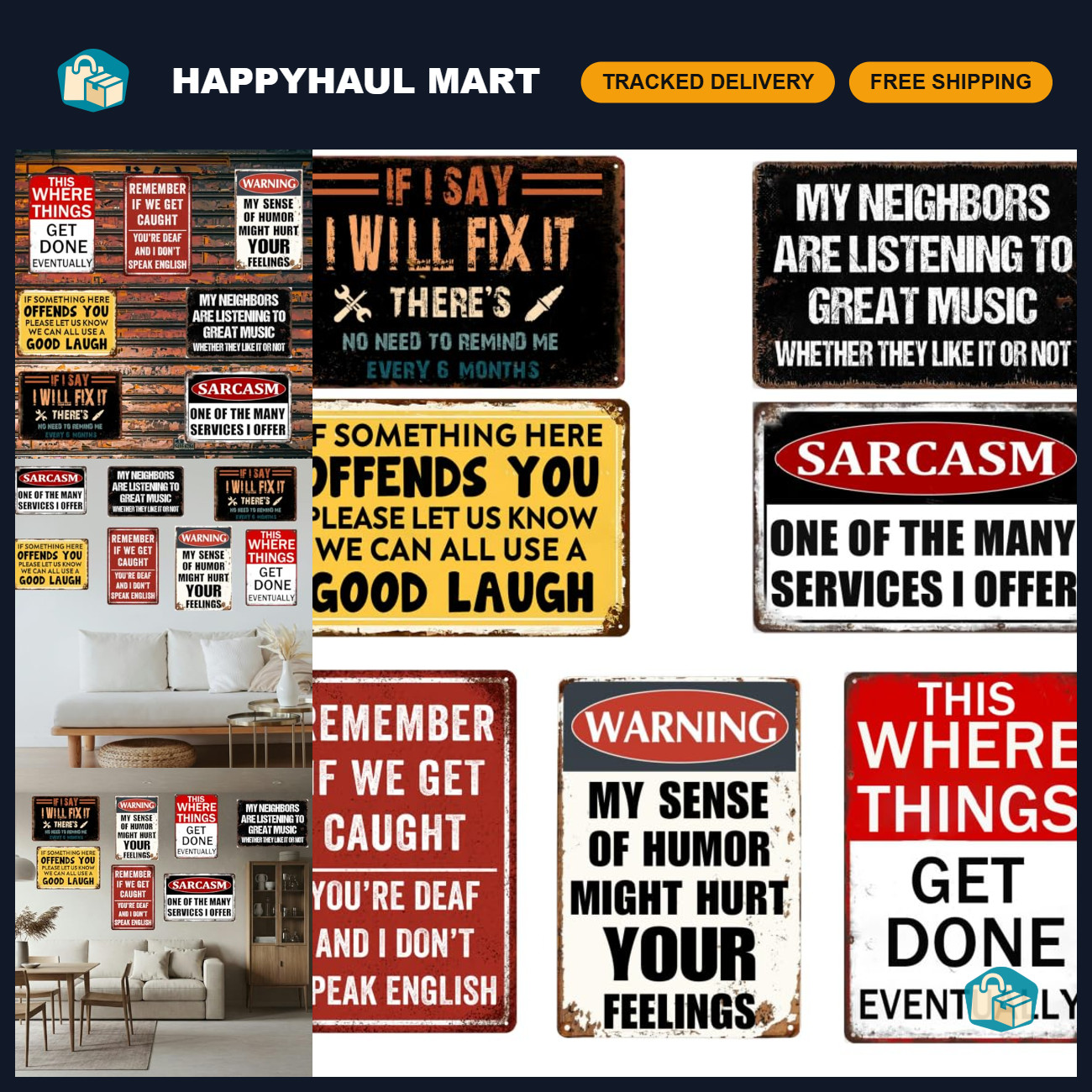 Vintage Metal Tin Signs - Funny Man Cave & Garage Decor - 7pcs Wall Art Set, 8x1
