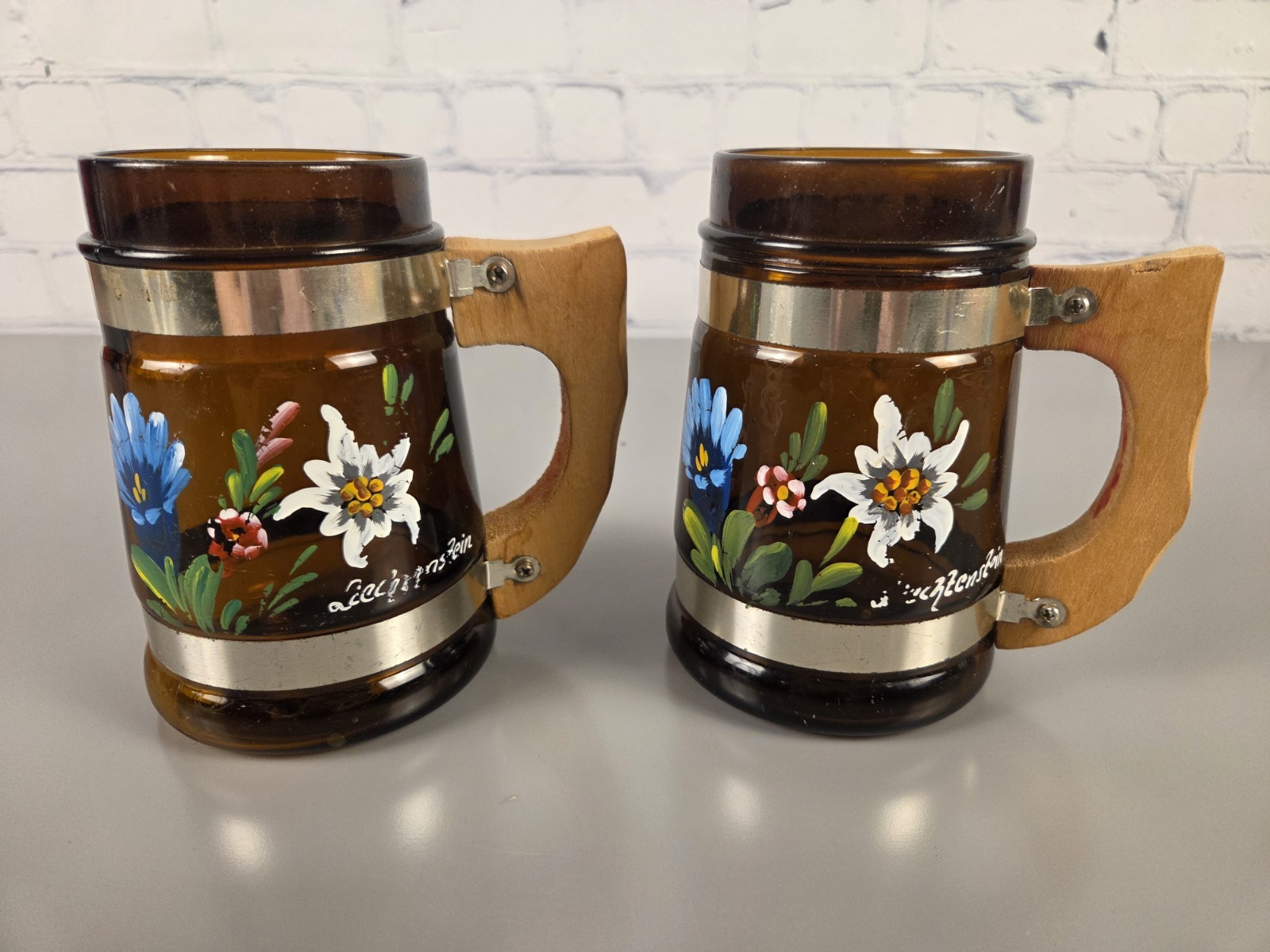 2 Vintage Amber Beer Mugs Hand Painted Liechtenstein Alps Souvenir Edelweiss