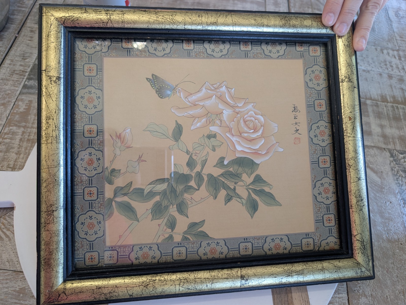 Vintage 1970s Chinese Silk Painting - Gongbi Roses & Butterfly, Framed by Frankl