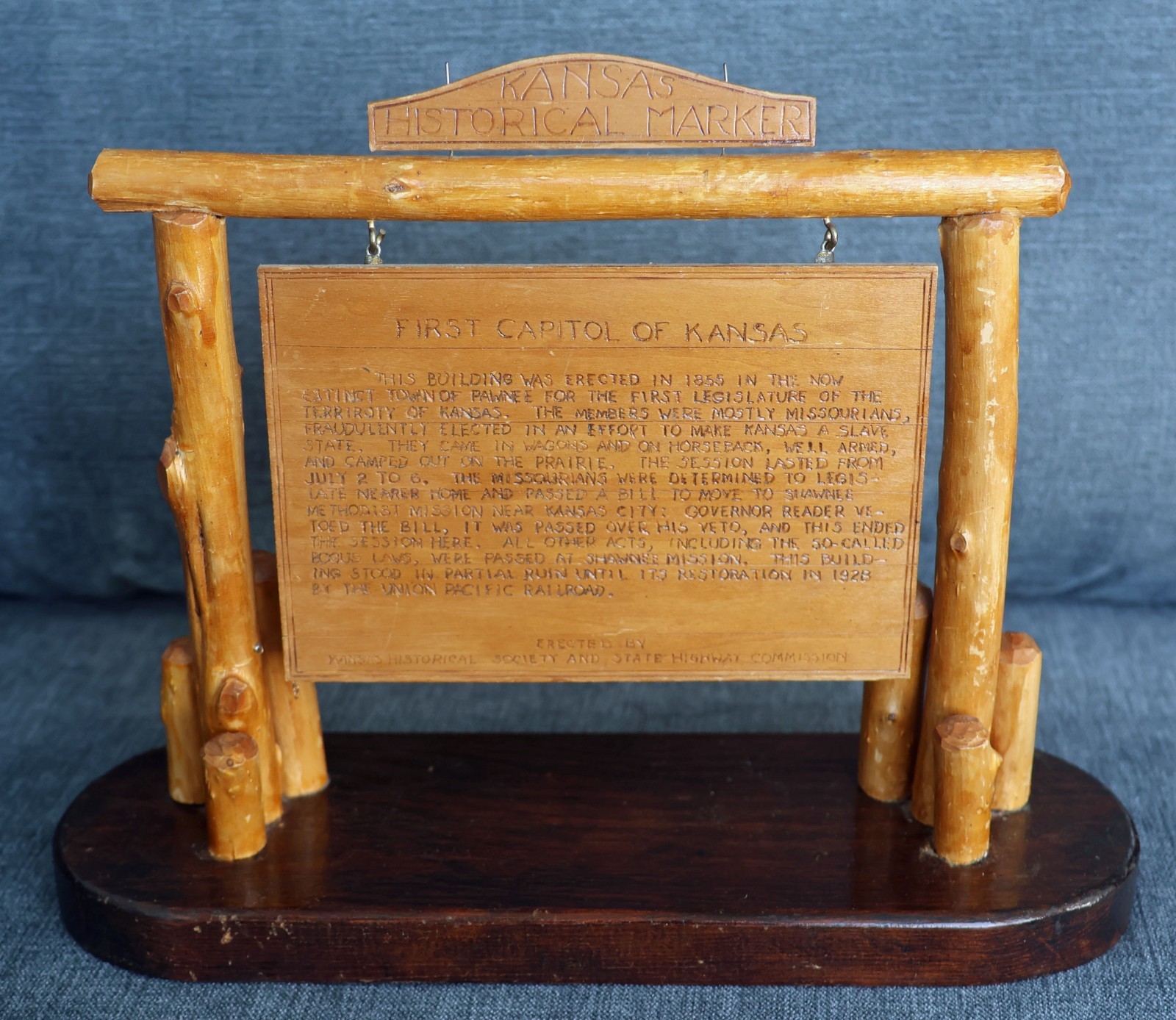 Rare Vintage NYA New Deal Kansas Historical Marker Model Wood First Capitol Sign