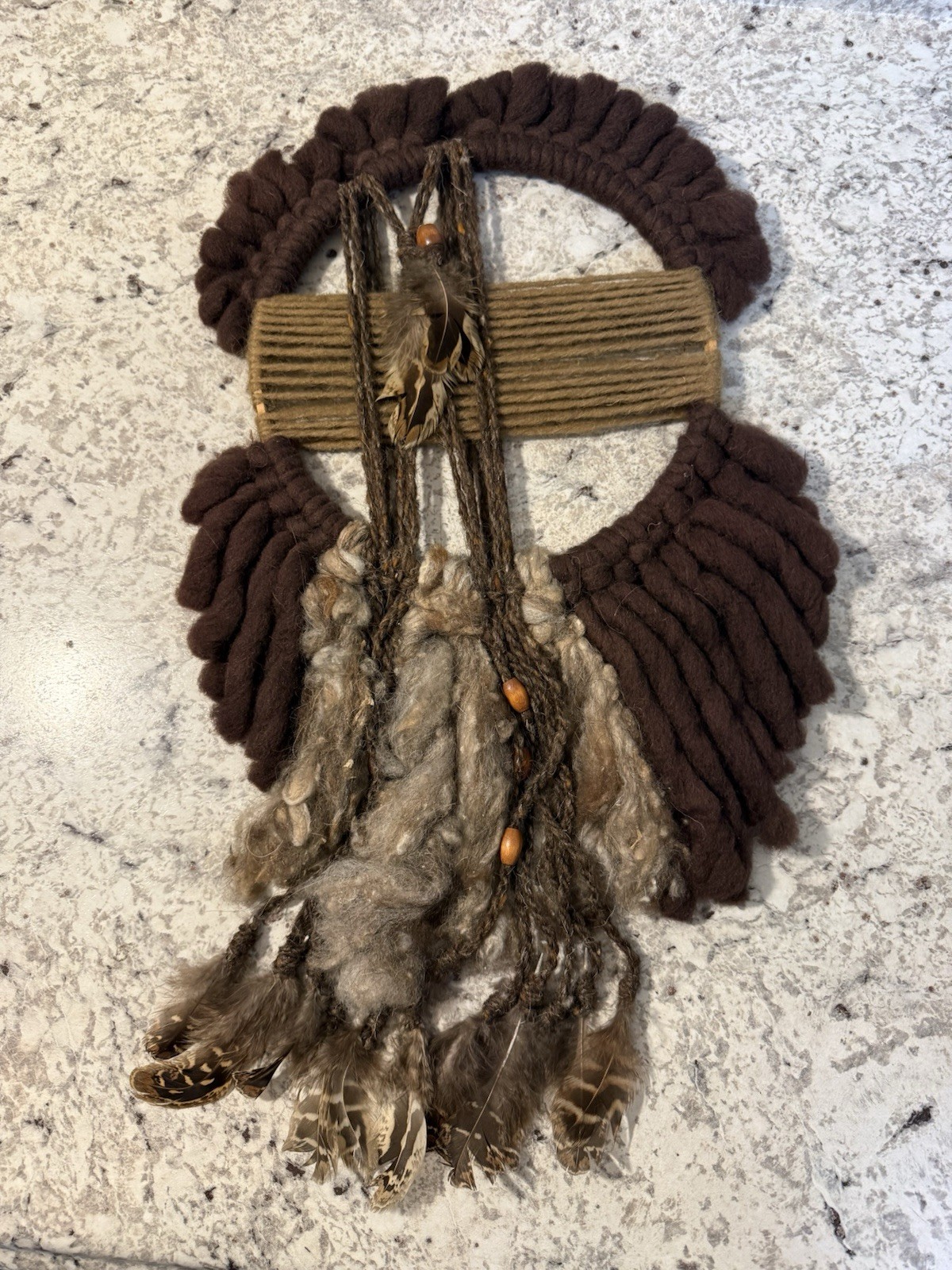 VTG 70s Native Anerican Wool And Feather Mandala Dreamcatcher Decor 11x19” EUC