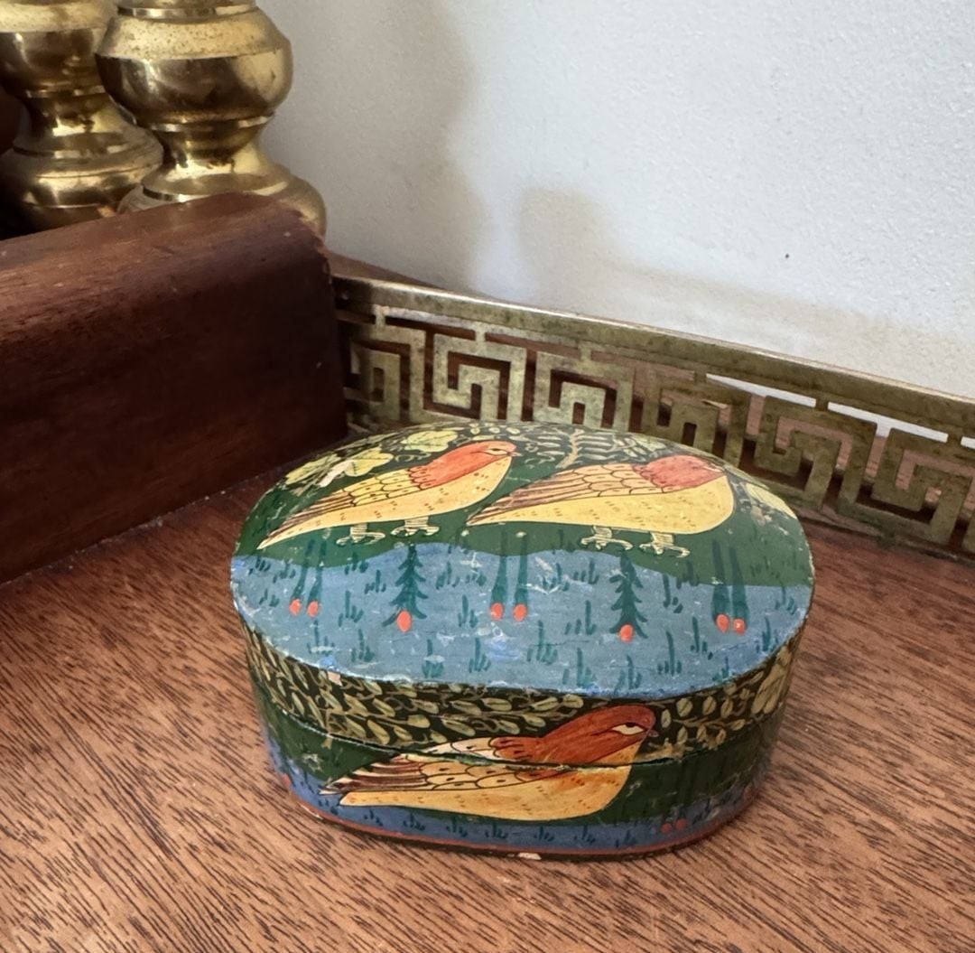 Vintage Hand Painted Kashmir Papier Mache Bird Trinket Box