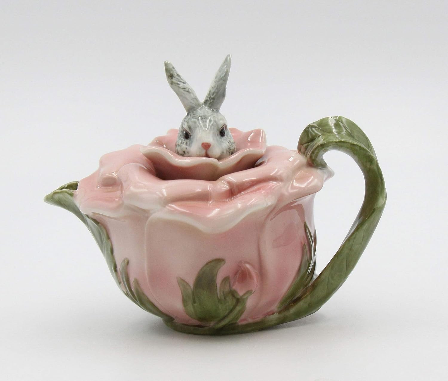 Fine Porcelain Victorian Rose Bunny Rabbit Teapot, 6-7/8