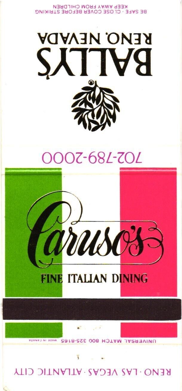 Caruso's Fine Italian Dining, Bally's Reno, Nevada Vintage Matchbook Cover