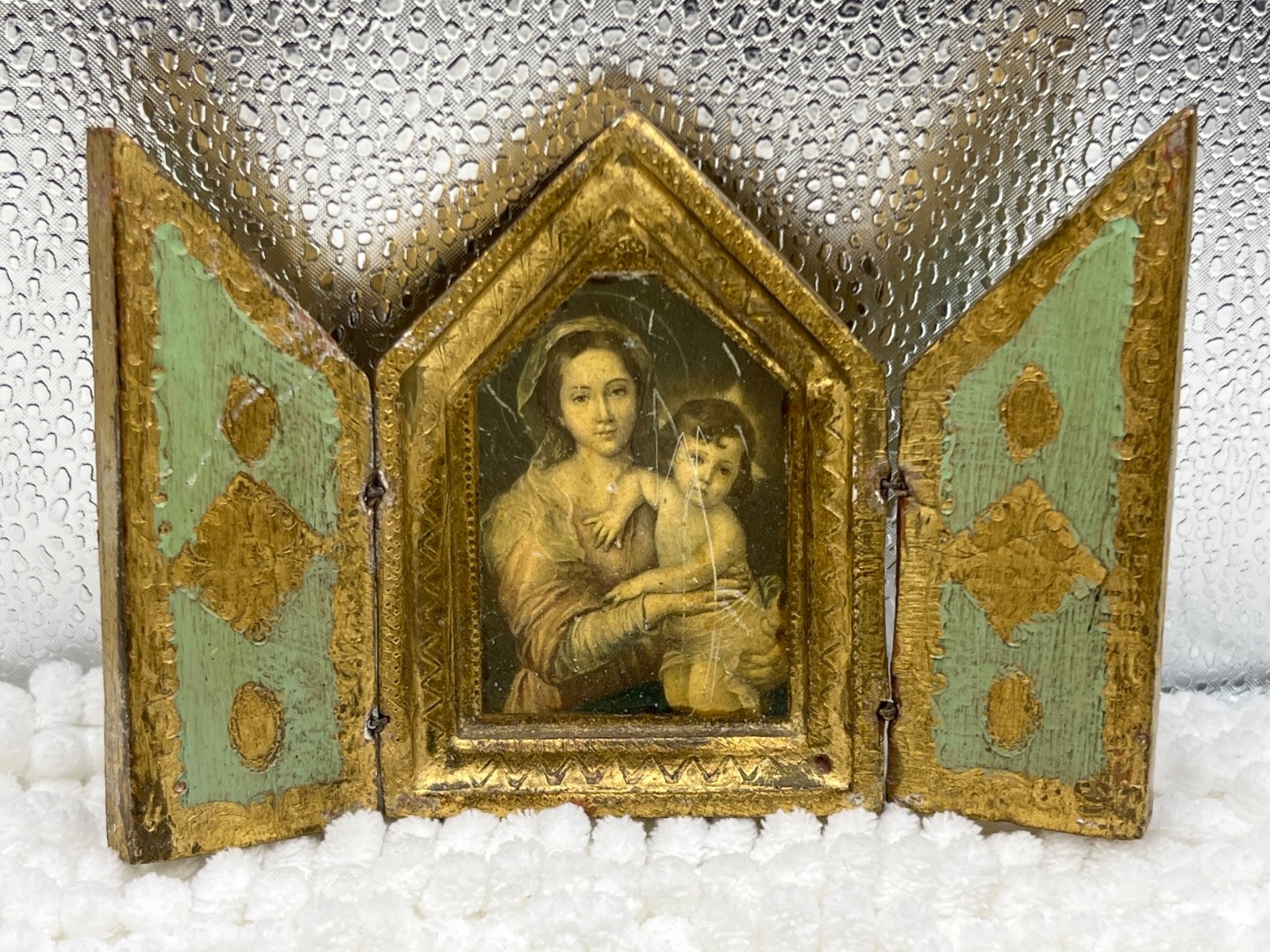 Vintage Italian Florentine Triptych  4” Roma Madonna and child (F)