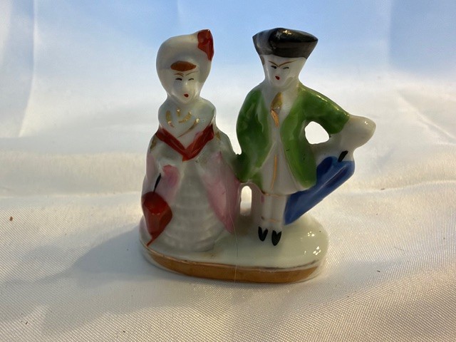 Vintage Japanese Porcelain Couple Figurine on Base Marked Japan Green/Pink