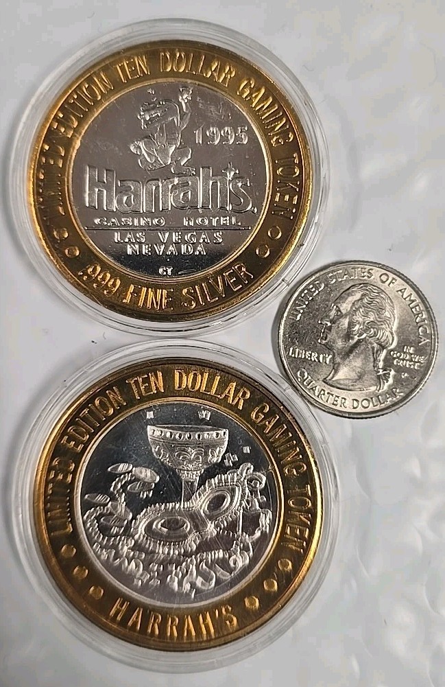 $10 Casino Gaming Token Las Vegas Solid.999 AG Silver HARRAH'S MARDI GRAS 1995