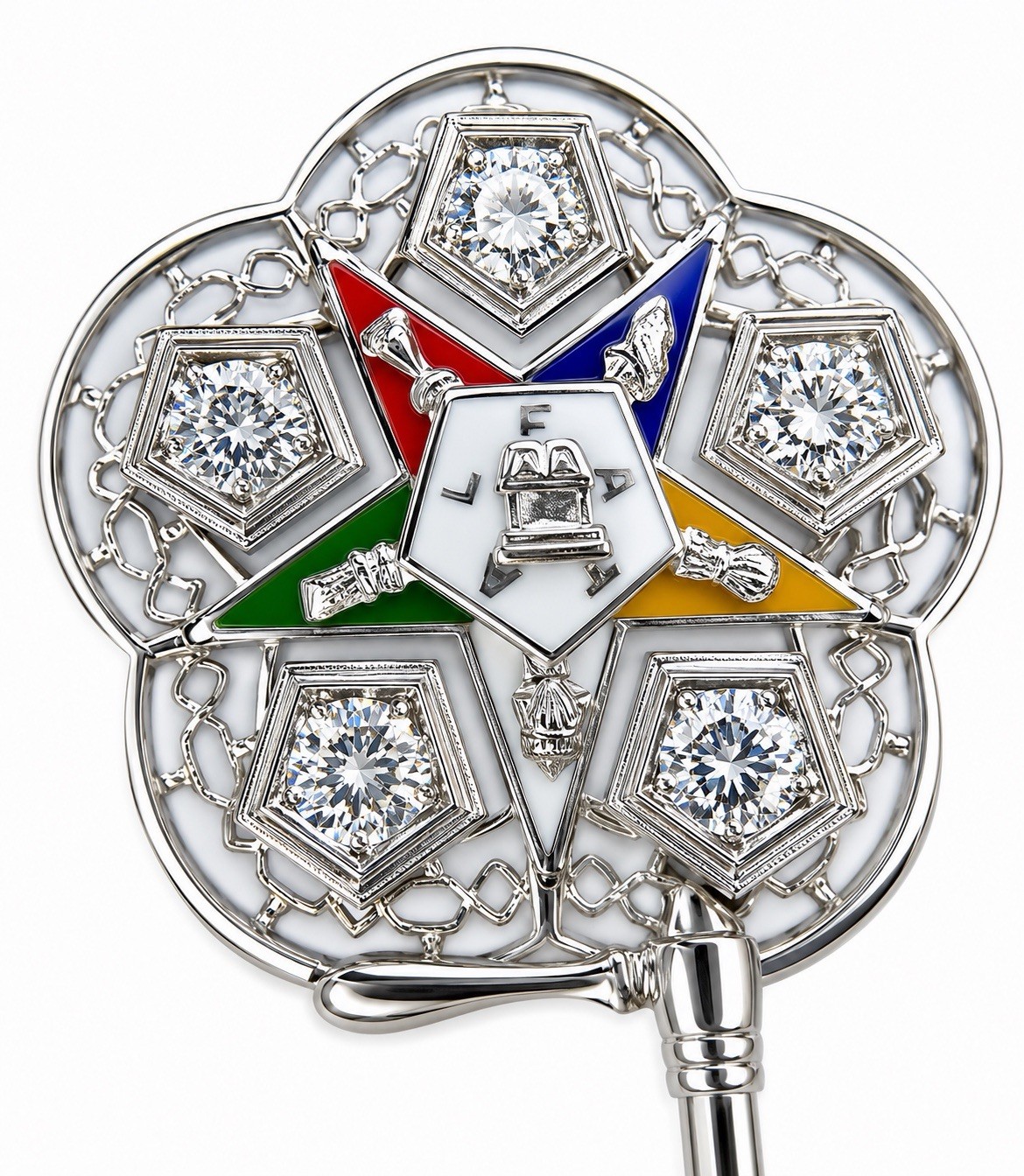 🛑 10K White Gold 5 Diamonds Eastern Star Masonic Enamel Brooch Vintage Era 50s