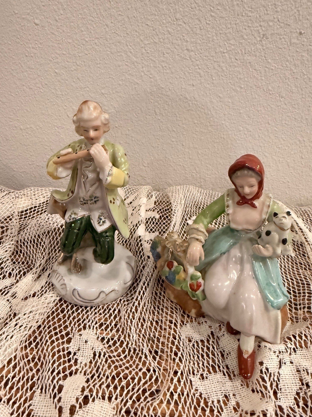 Vintage Occupied Japan Porcelain Figurines Pair, Hand-Painted Rococo Courting