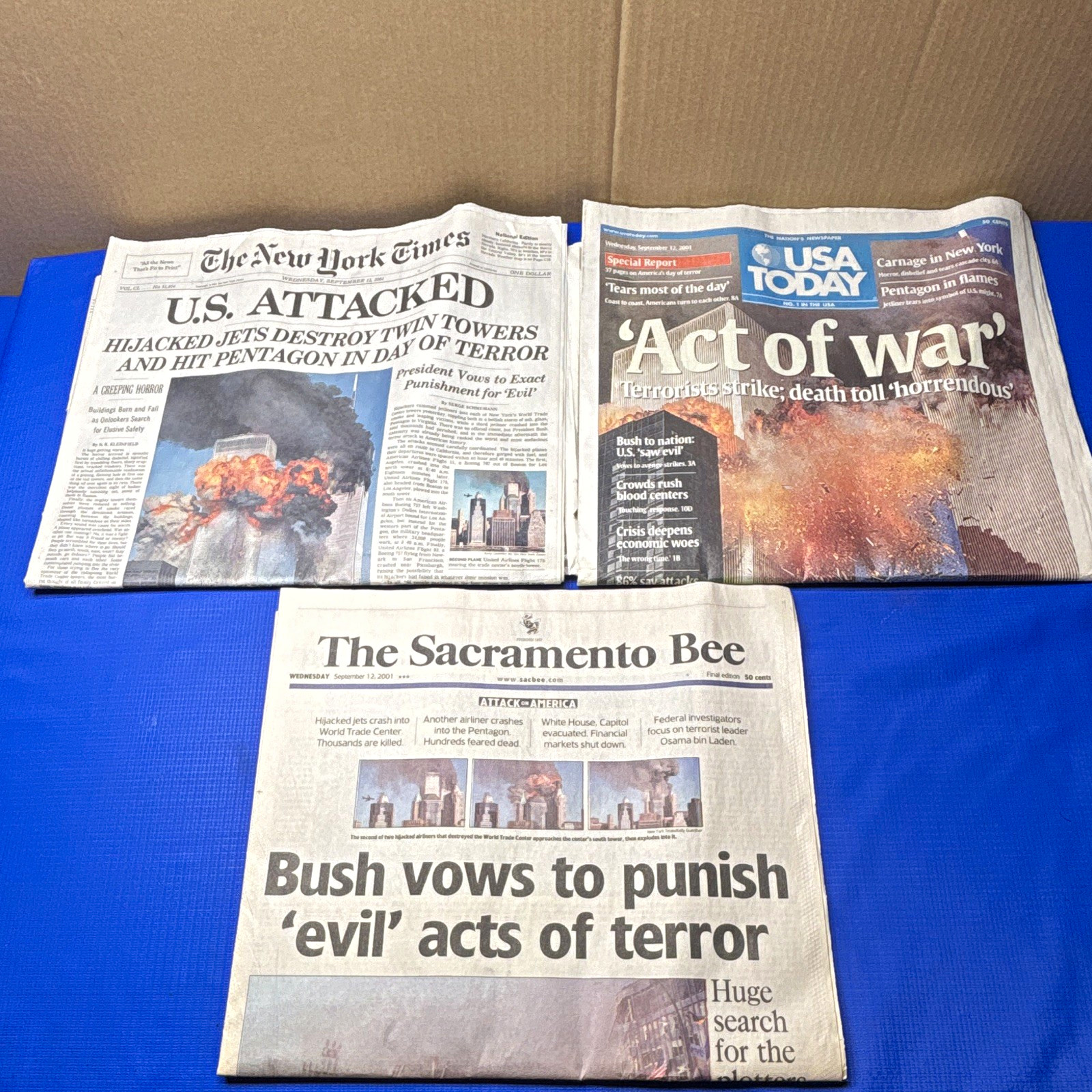 LOT OF 3 9/11 ORIGINAL NEWSPAPERS ~ NEW YORK TIMES, USATODAY, SAC BEE RARE VG