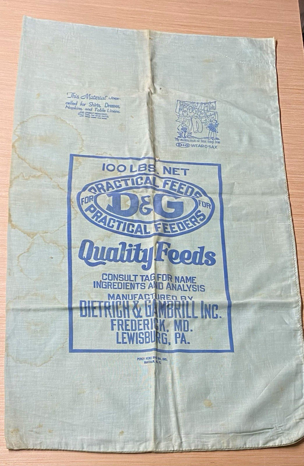 D&G Vintage Practical Feeds 100 LB Printed Cloth Feed Sack White/Blue