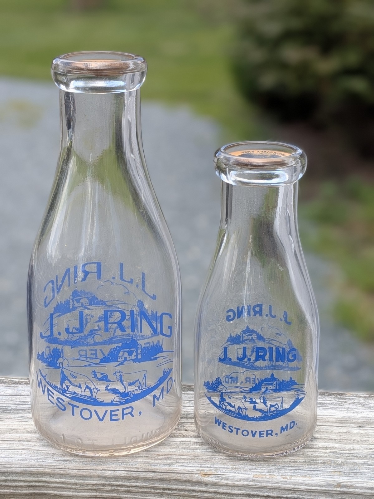 1936/1937 J.J. Ring  Westover Maryland Set 1 Pt & 1 Qt Blue Pyro Milk Bottles