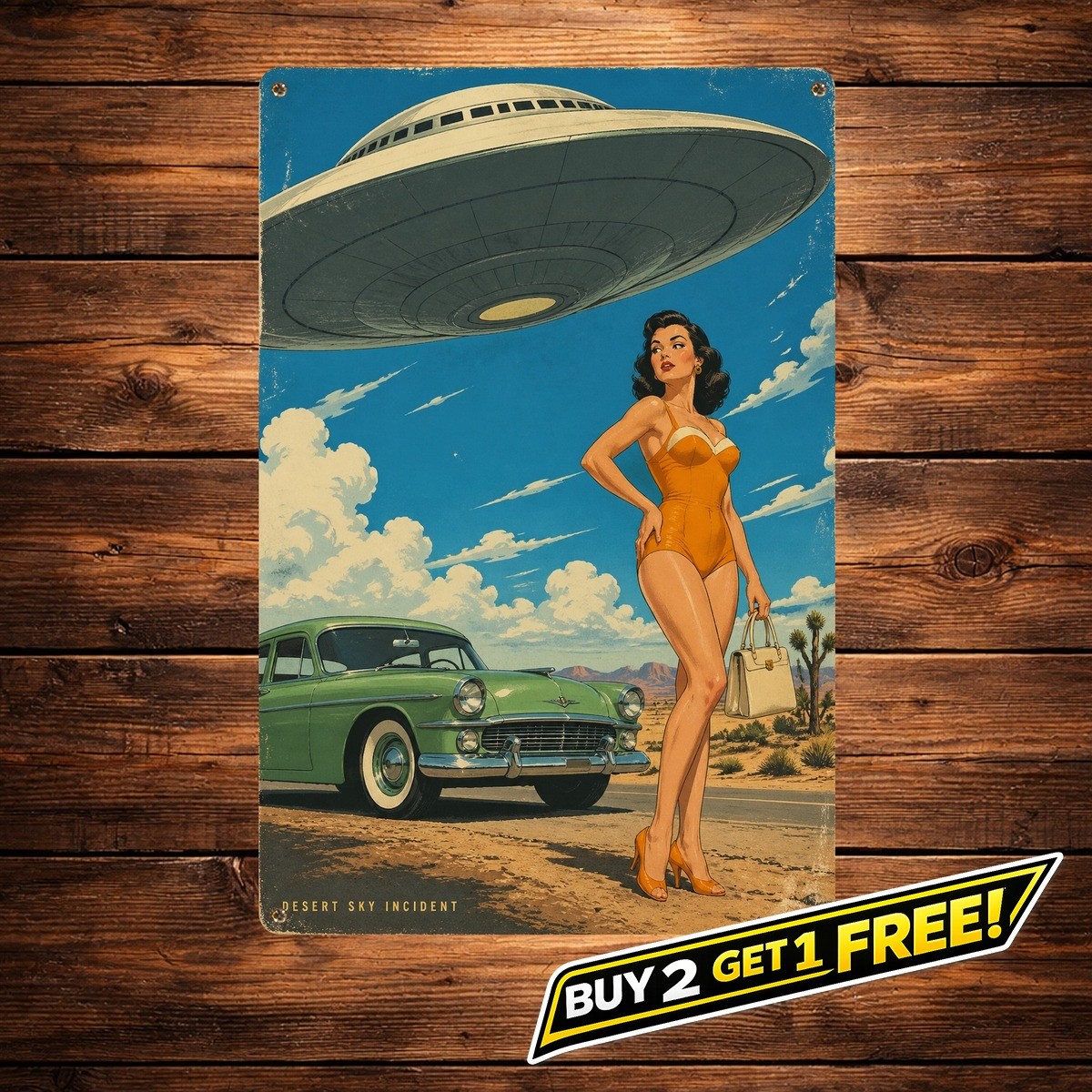 Retro UFO Alien Pinup Lady Metal Sign Vintage Sci-Fi Tin Wall Decor