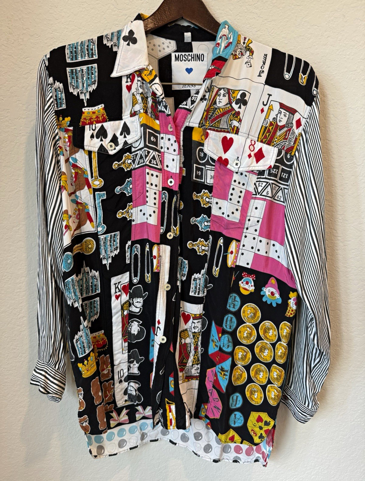 90s Moschino Jeans Women\'s S Graphic Multicolor Gambling Collared Button-Up