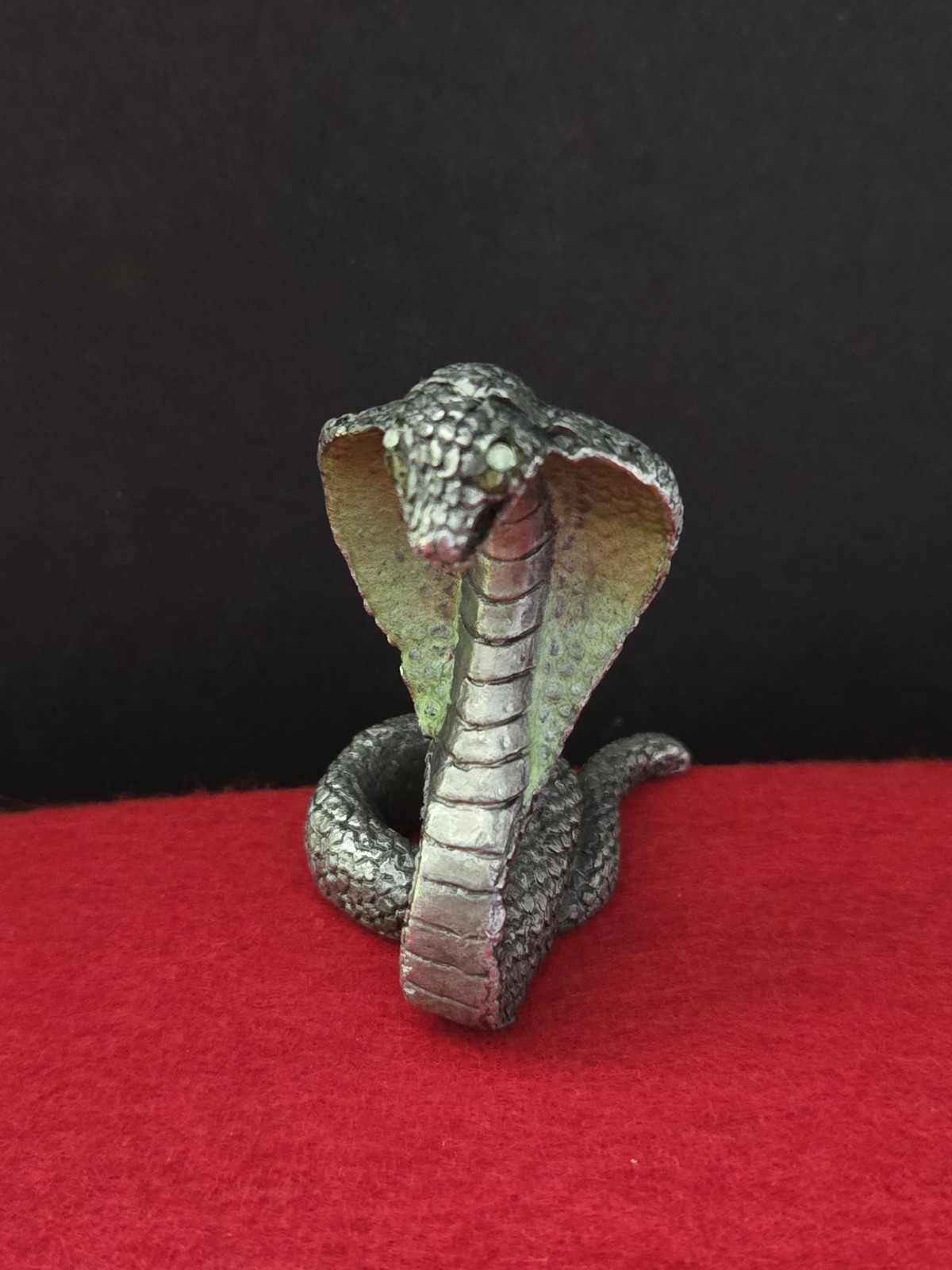 Metal Cobra Snake Figurine Coiled Serpent Green Eyes Desk Decor