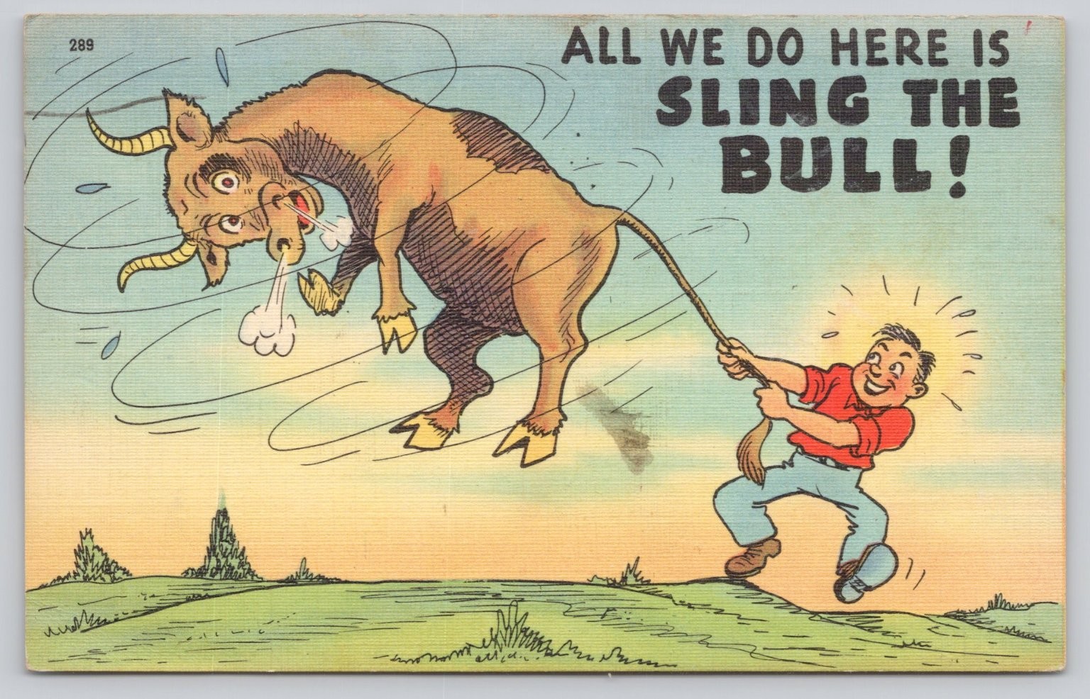 Vintage Humorous Cartoon Postcard Sling The Bull Stamford Connecticut 1946