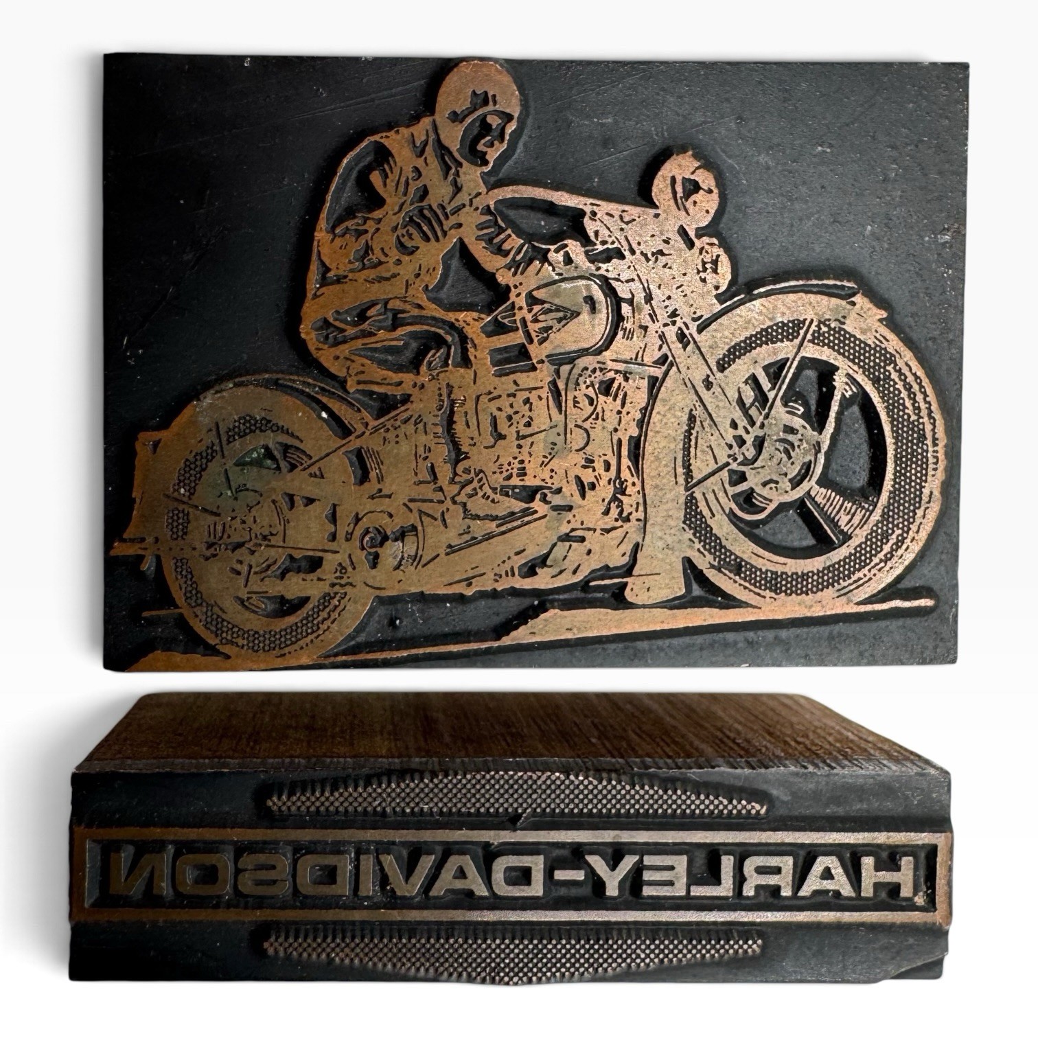 HARLEY DAVIDSON MOTORCYCLE 2 Vintage Letterpress Copper Wood Print Press BLOCK