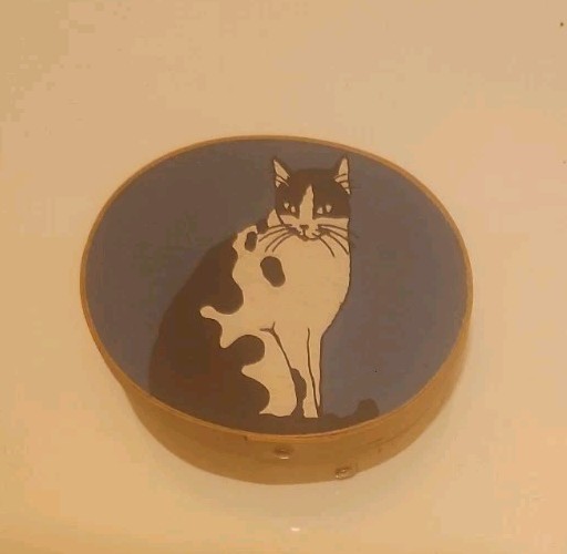 Vintage 80s Oval Shaker Trinket Jewelry Box Cat Screenprint 4.5