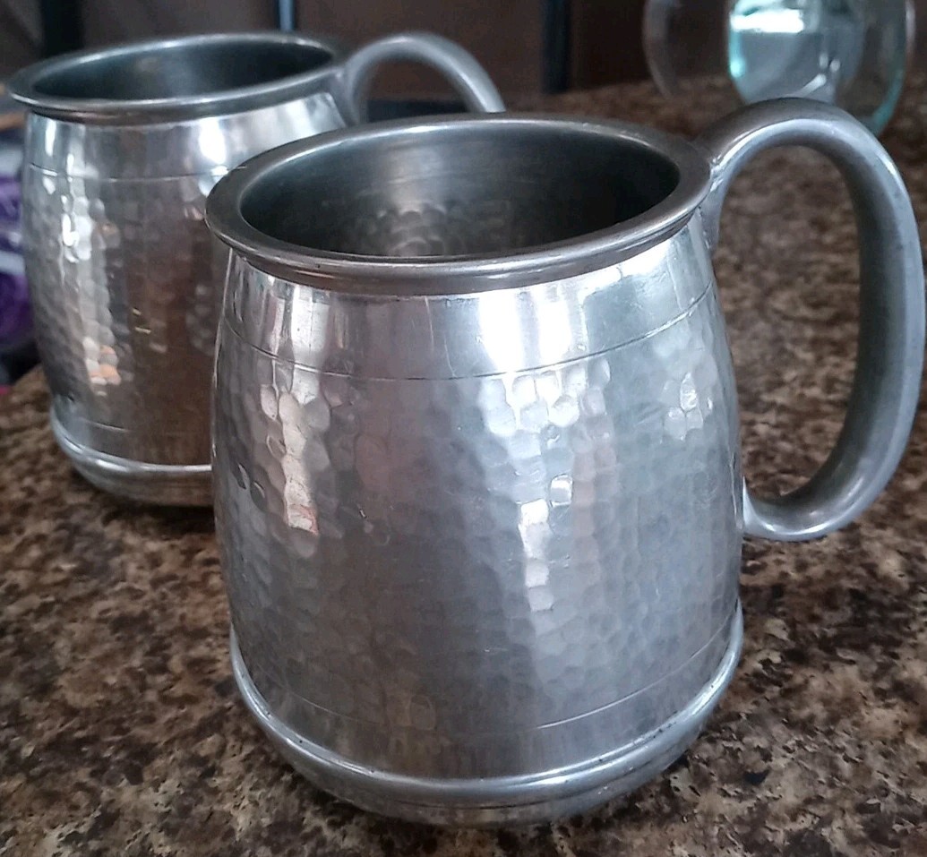 Set of 2 Antique Elkington & Co English Pewter Mugs Hand-Hammered Dimpled #179