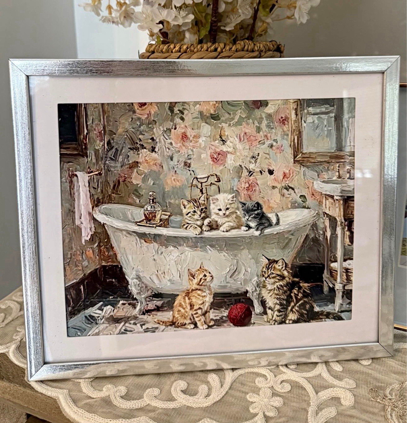 Framed Cat Art Print - Kittens in Clawfoot Bathtub Bathroom Scene