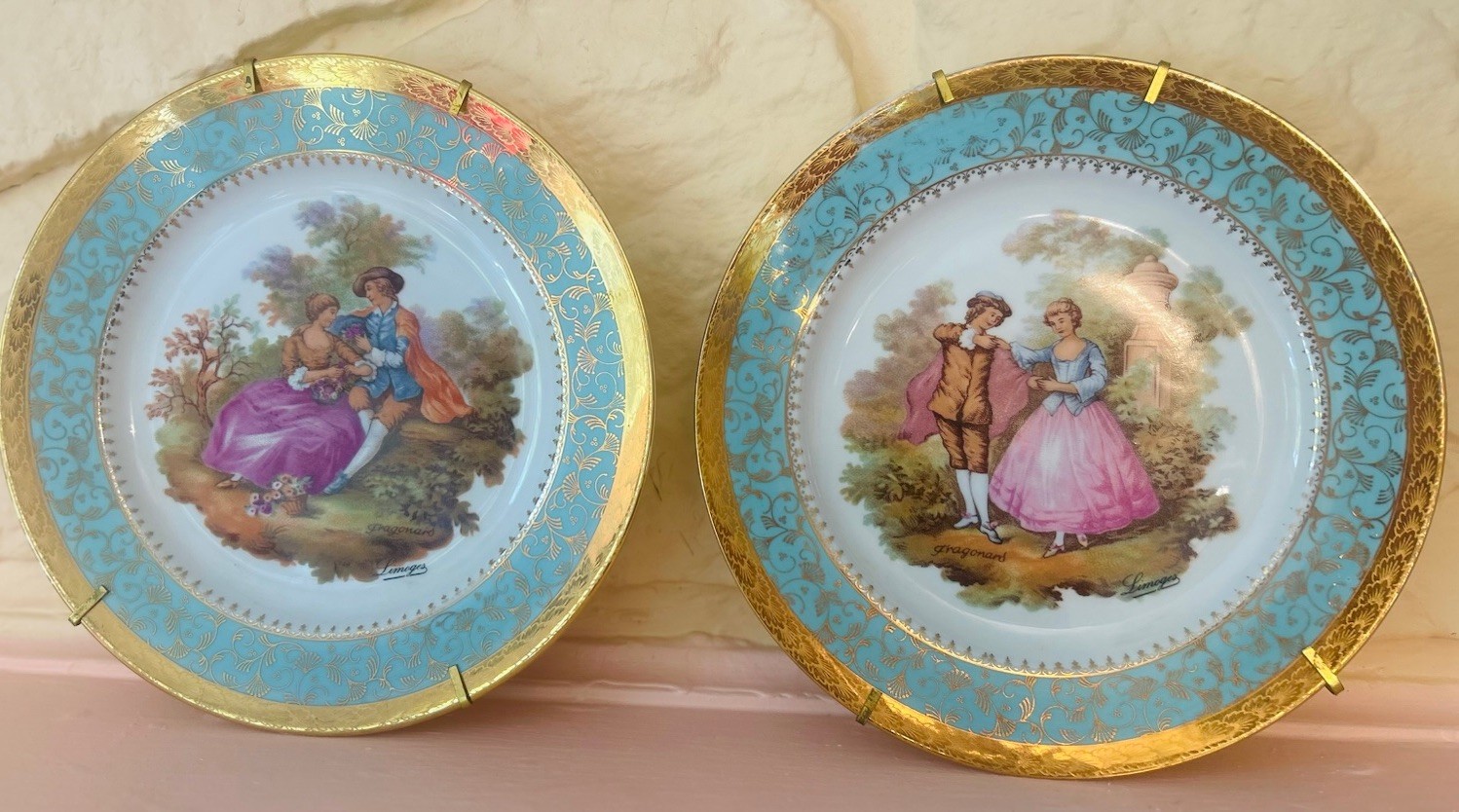 Set Of TWO Vintage Hanging L. Bernardaud & Co LIMOGES Fragonard Gilt 9.5” Plates