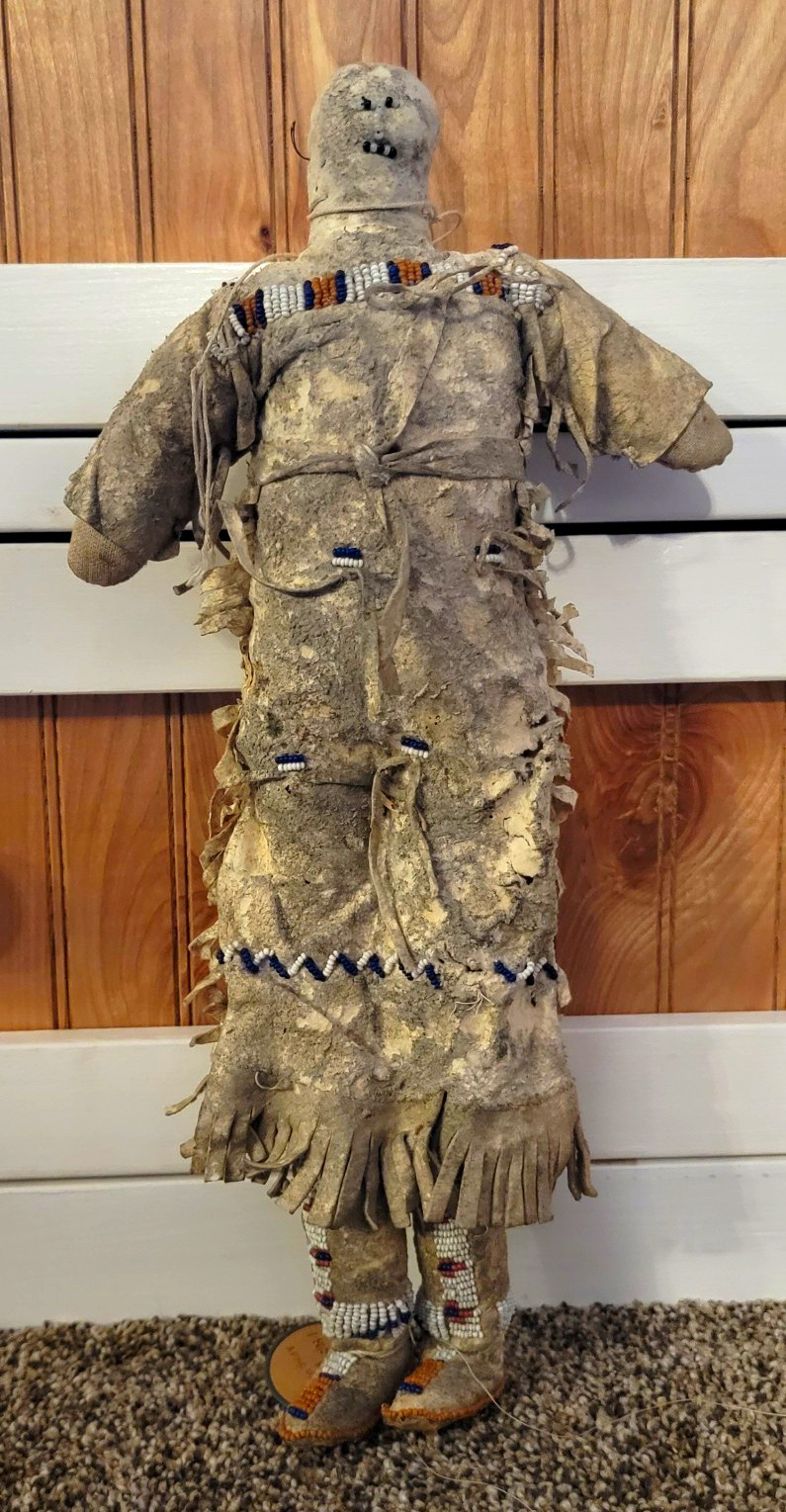 Antique Native American/Sioux  Doll Figure w/ Cloth & Hide Clothing, Beaded Trim