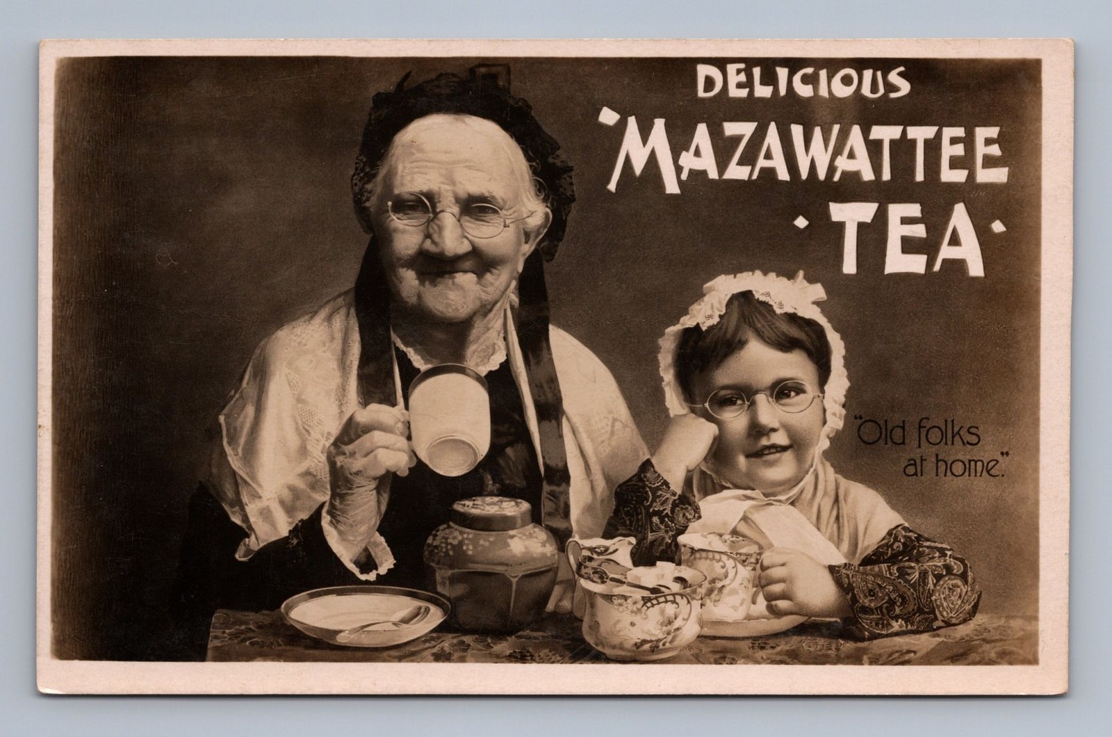 Mazawattee Tea Grandmother & Child Antique Advertising RPPC Poster Photo ~1900s
