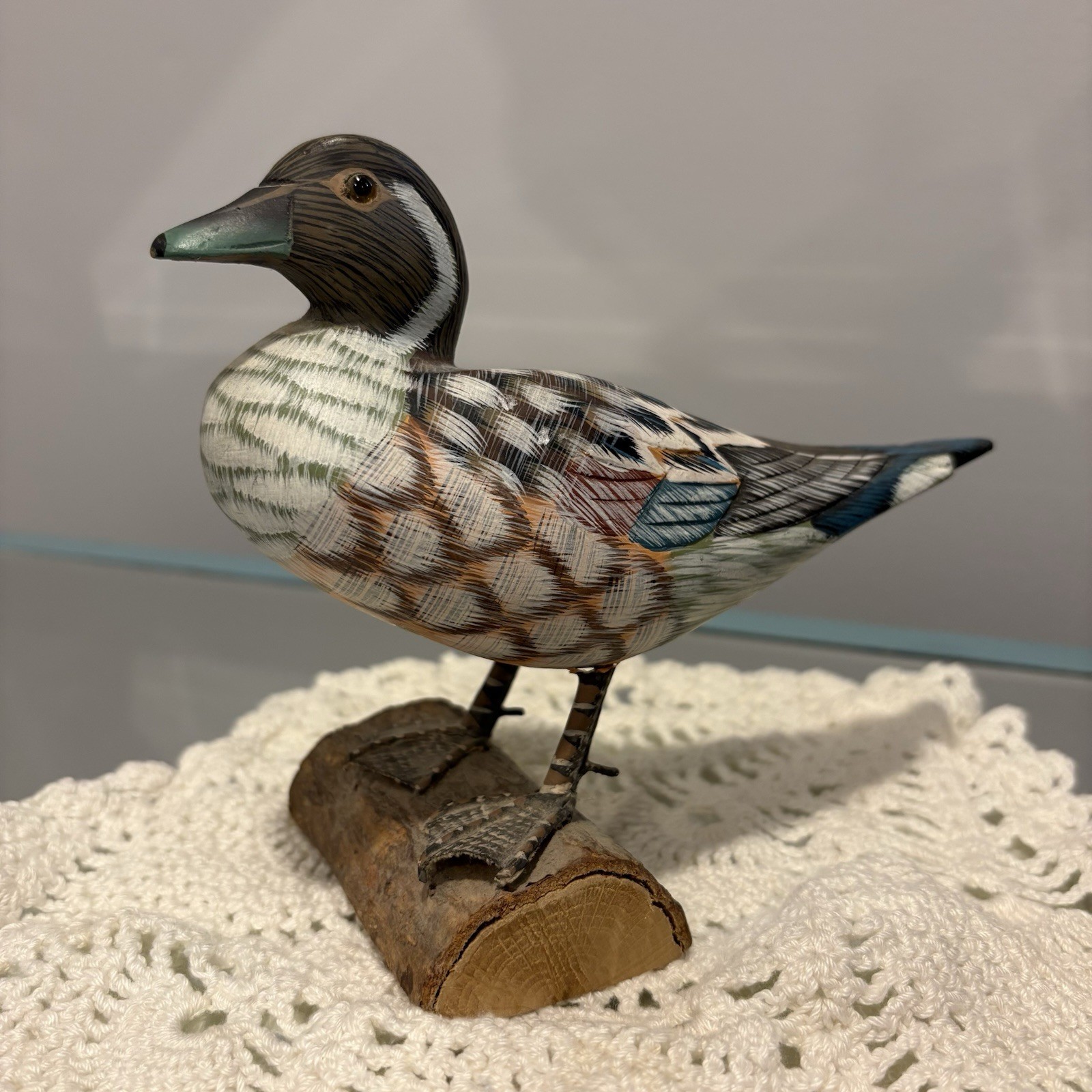 Vtg Hand Painted Carved Wooden Duck on a Log Wood