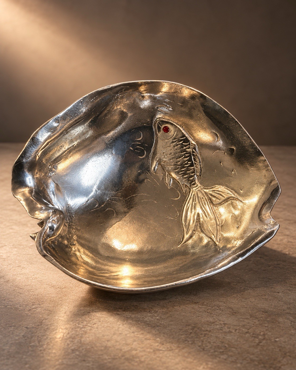 Arthur Court 1977 Cast Aluminum Koi Fish Shell Bowl Carnelian Eye 12 Inch