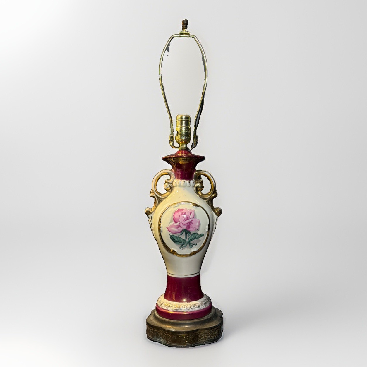 Vintage 1940s French Victorian Porcelain Urn Table Lamp Burgundy Rose Gold 19