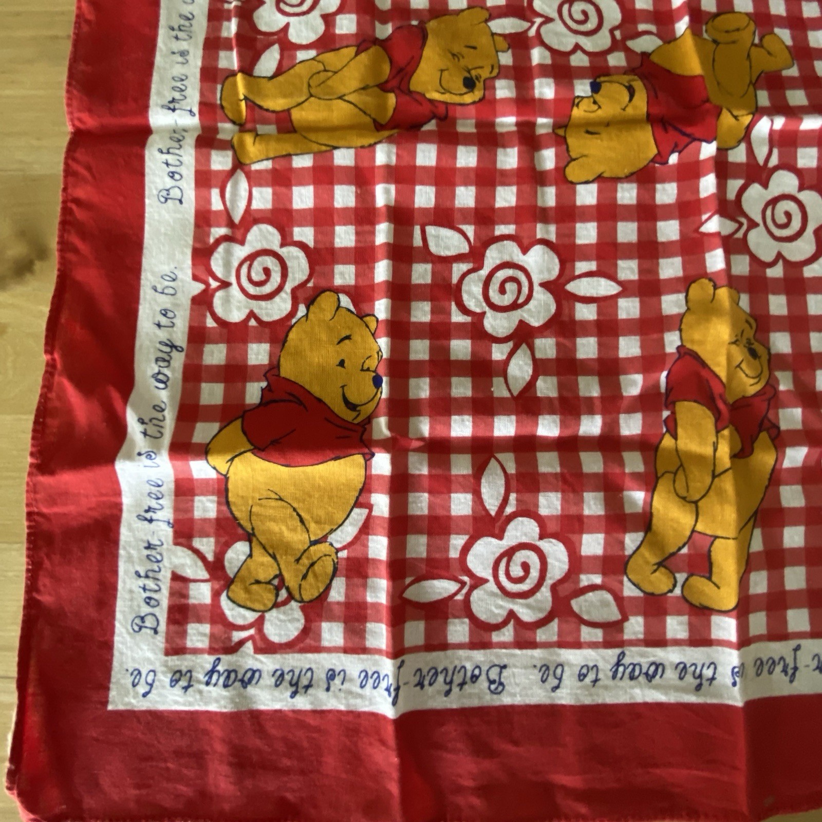 Vintage Disney Winnie the Pooh Red Gingham Cotton Handkerchief Bandana Scarf