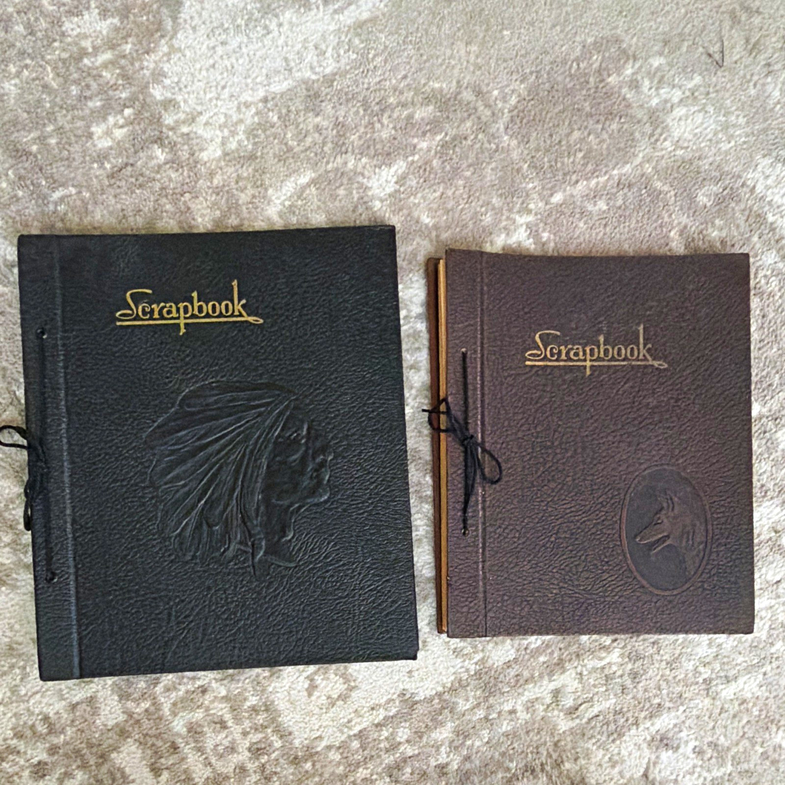Lot of 2 Vintage 1940s Lace-Up Scrapbooks Embossed Covers Black. Brown unused