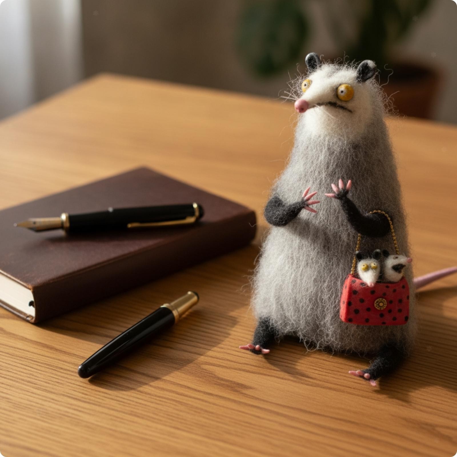 Felt Animal Figurine with Handbag Textured Wool Felt Animal