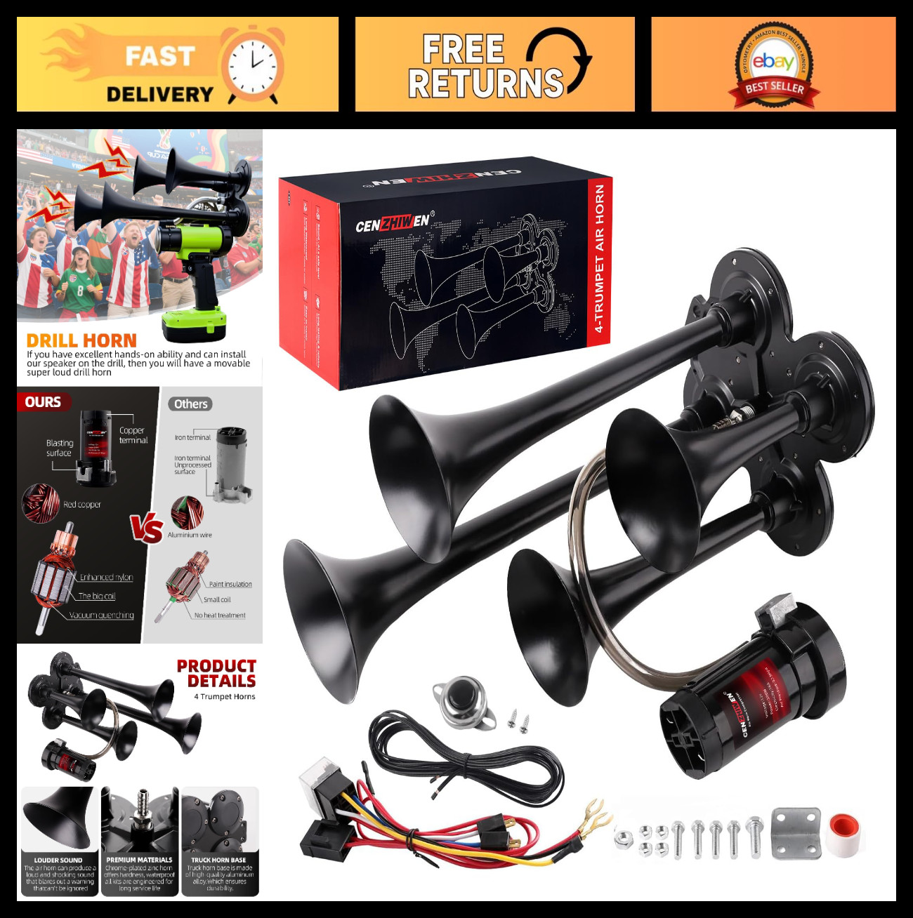 Ultra Loud 150dB Train Horn Kit - 4 Trumpet Metal Air Horns with Compressor for
