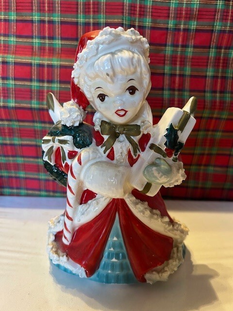 Vintage Napco Christmas Lady Planter Gifts, Wreath, Candy Cane Spaghetti Trim