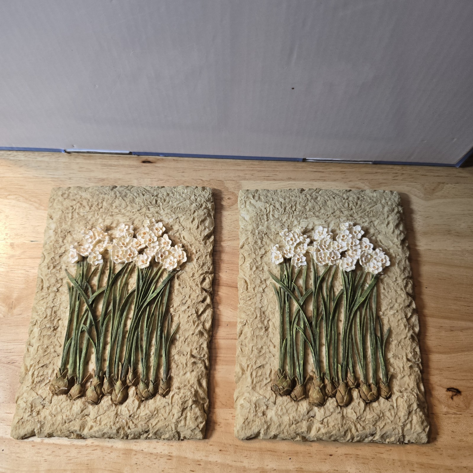 Pair Paperwhite Narcissus Flower Resin Wall Plaques Botanical Cottage Decor