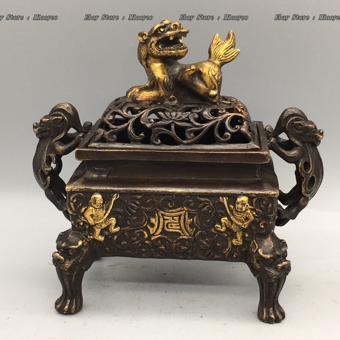 Antique Ming Dynasty Gilt Bronze Square Censer - Lion Top Incense Burner 5.9\