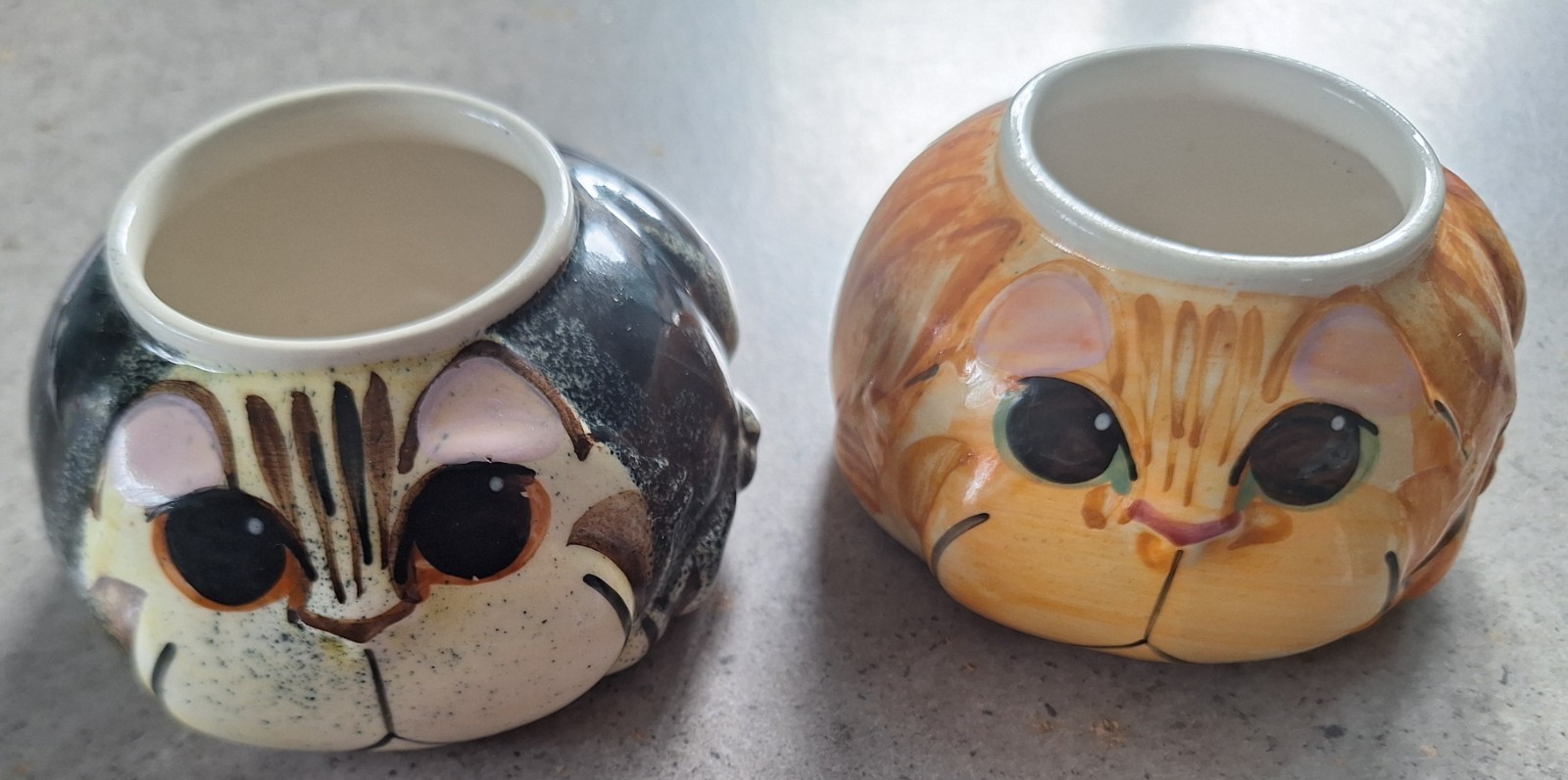 Vintage 1995, 2 Karen Wheatley hand painted Pottery cat pots. Tabby and Ginger