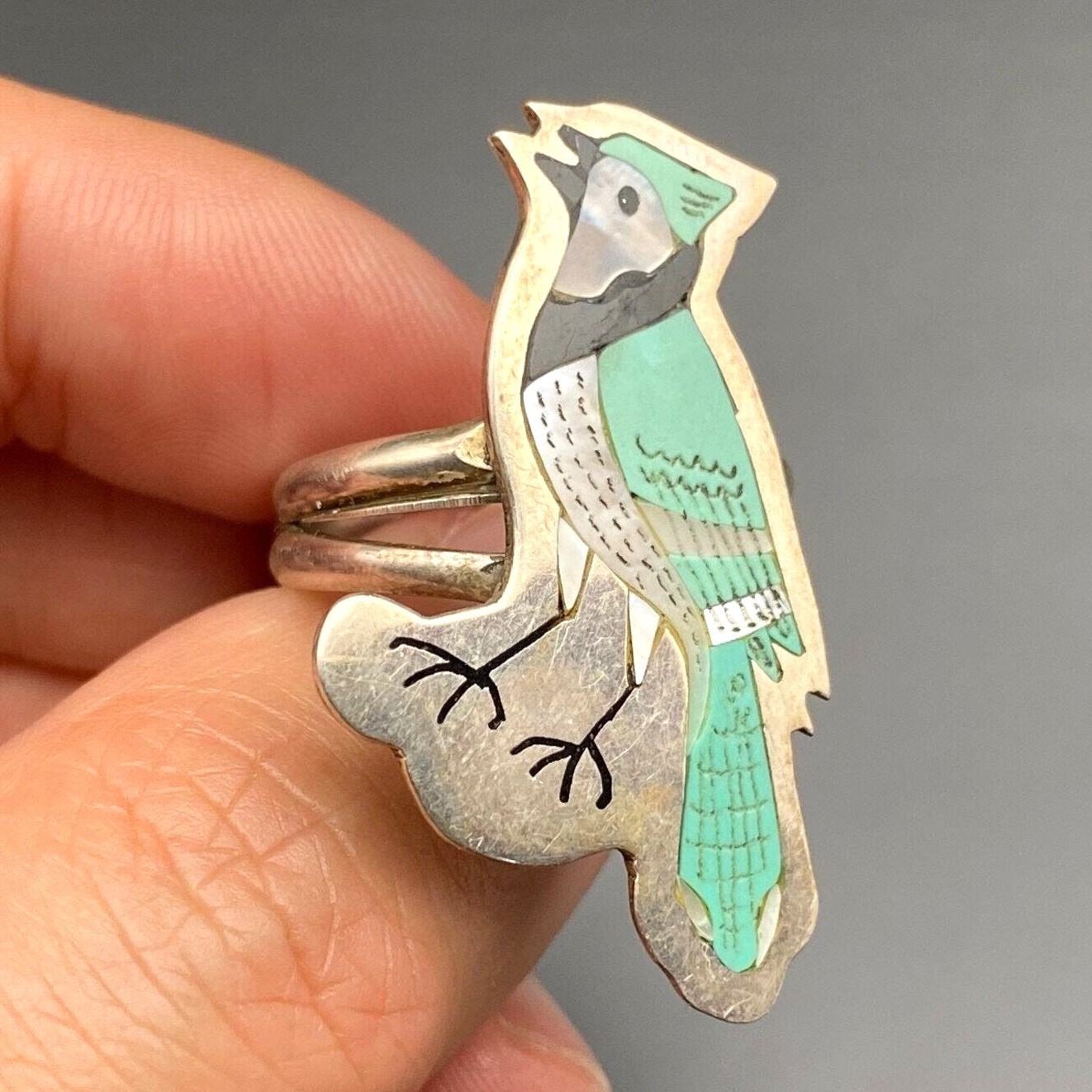 Vintage Zuni Esther Sammy Guardian Blue Jay Bird Sterling Silver Ring Size 9.25