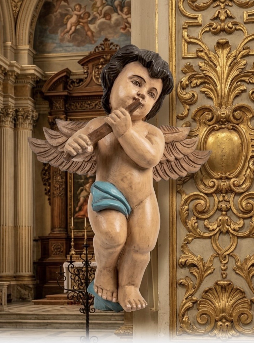 Antique Hand Carved Painted Wood Large Angelic Cherub Putti  Sculpture 18
