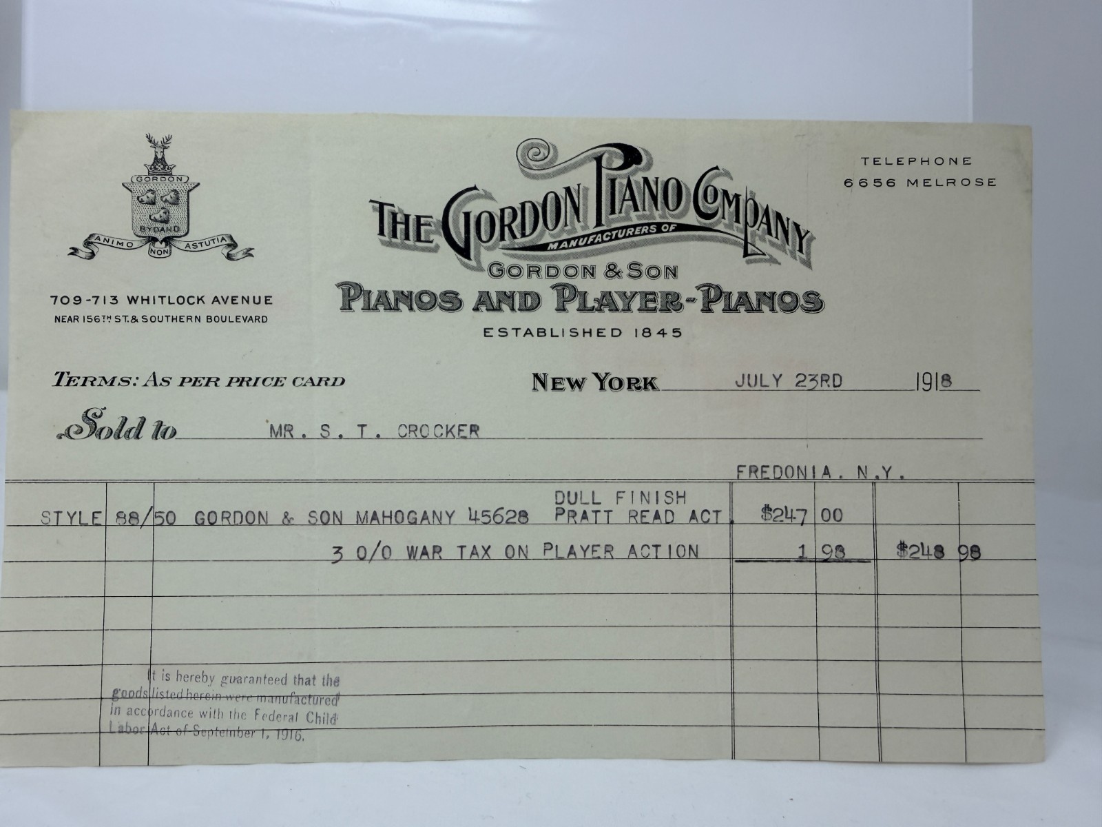 1918 Gordon Piano Co Invoice New York Letterhead Player Piano Receipt WW1 Era