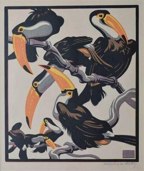 Toucans Norbertine Bresslern-Roth Linocut Print Austrian Art Deco Birds Exotic