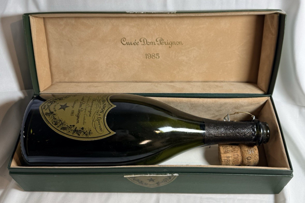 Vintage Cuvee Dom Perignon 1985 Empty Bottle with Original Box, Paperwork, Cork