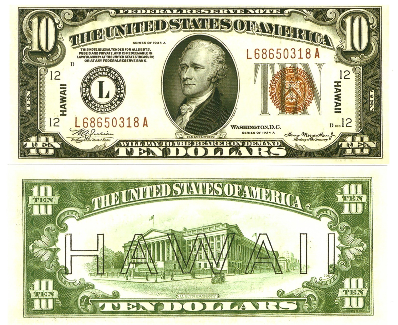 u Reproduction Note Hawaii 10 Dollars 1934 Pick #40     1840R