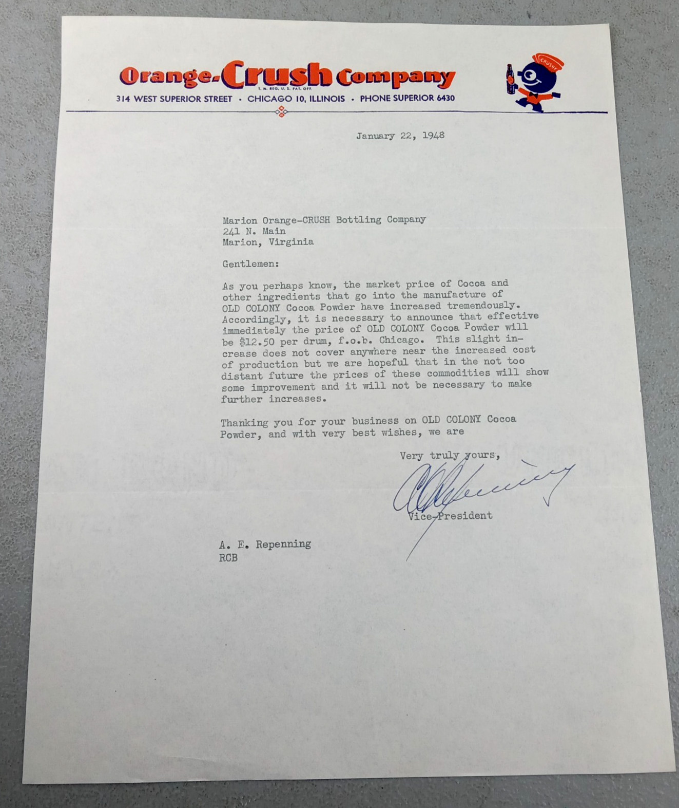 Original 1948 ORANGE CRUSH Letterhead Letter Marion Bottling Co. Signed By VP 