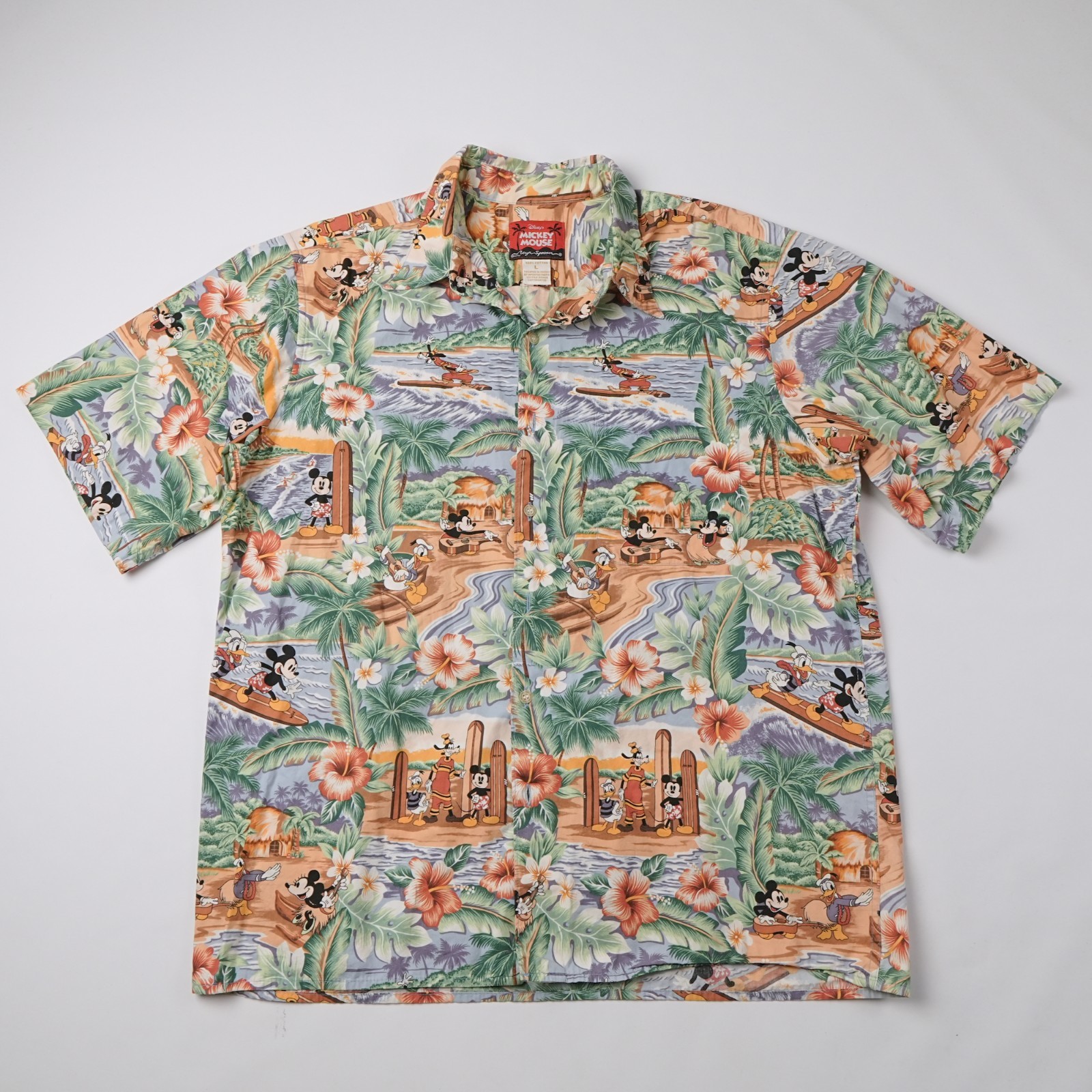 Vintage 90s Reyn Spooner Disney Mickey Surfing Hawaiian Aloha Shirt Mens L Tiki