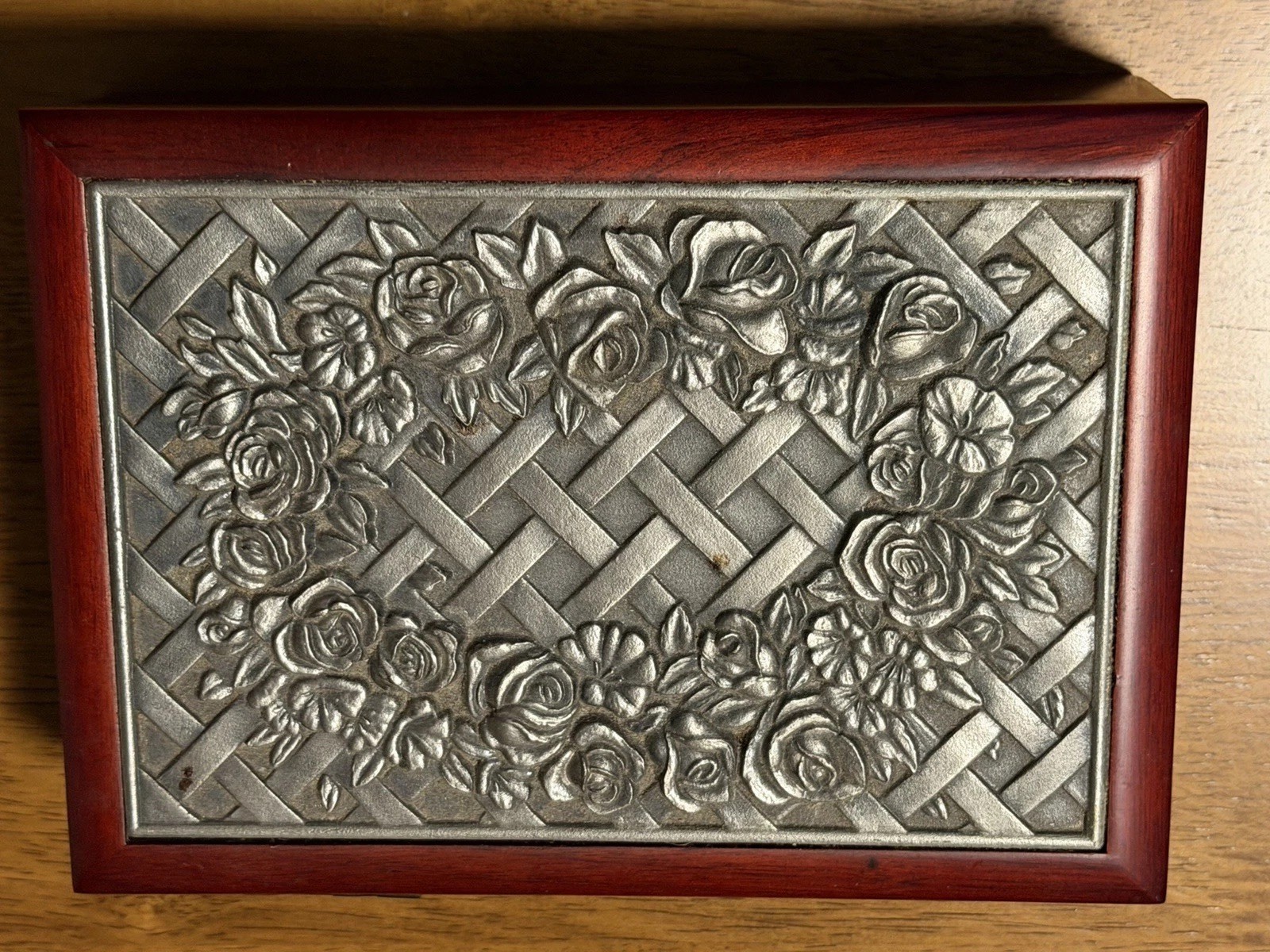 Vintage Cherry Finish Pewter Rose Keepsake Jewelry Trinket Box 5x7 Lattice Korea